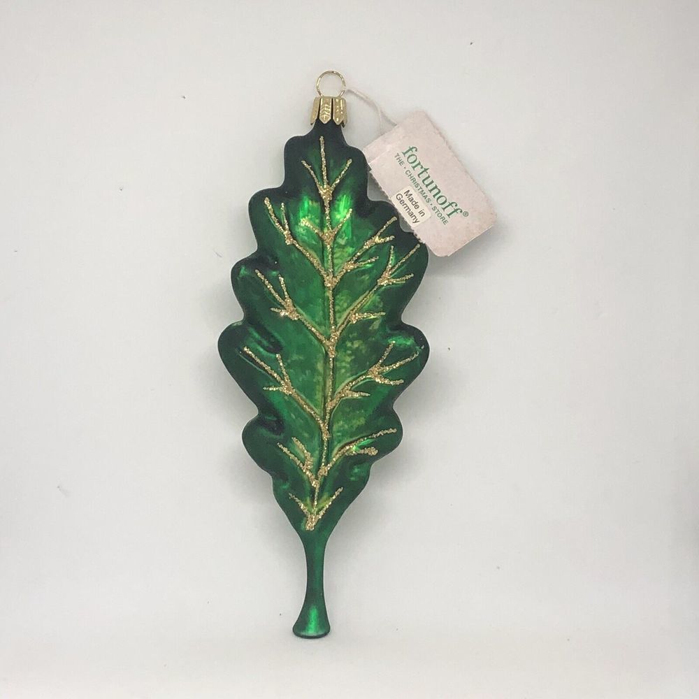 Large 6” Green Oak Leaf Glass Blown With Gold Glitter Holiday Ornament Germany